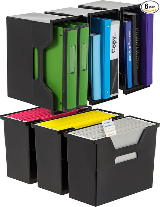 IRIS USA Medium Portable Desktop File Box with Open Lid, 6 Pack, Side Handles, Tabs & Inserts, Hanging File Folders, Letter-Size File Magazine Newspaper Mail Document Notebook, Black
