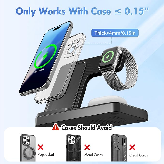 Wireless Charging Station for Apple Devices: 3 in 1 Foldable Qi Compact Case-Friendly Charger Stand for iPhone 17-12 & Apple Watch & AirPods Charging Dock for Travel Home Office Desk Nightstand(Blcak)