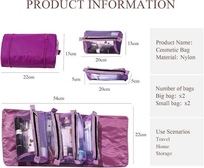 LumiSyne 4 In 1 Detachable Toiletry Bag Hanging Roll-Up Makeup Bag Large Capacity Travel Wash Bag Mesh Cosmetic Bag Portable Foldable Toiletry Bag Waterproof Cosmetic Organizer Bag For Travel Daily