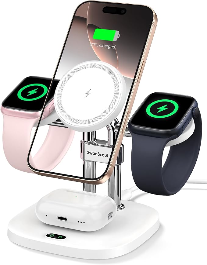 Dual Fast Charger for Apple Watch 11, Magnetic Wireless Charger Stand for iPhone Air/17 Pro Max/17 Pro/17/16/15/14, Charging Station for Apple Watch Ultra 3/SE 3/10/9/8/7/6, Airpods, SwanScout 709M