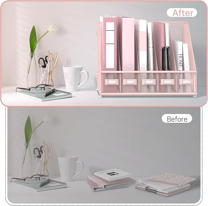 SUPEASY Desk Organizers Metal Desk Magazine File Holder with 5 Vertical Compartments Rack File Organizer for Office Desktop, Classroom, Home Workspace, Pink Plus