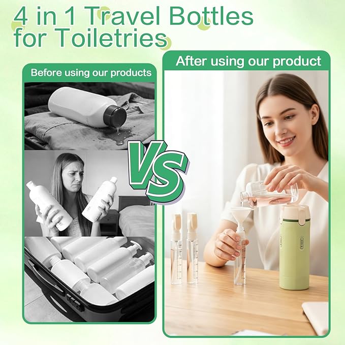 4 in 1 Travel Dispenser Bottle for Flying Essentials Camping Toiletries Pump Leak Proof Size Portable Containers for Shampoo Lotion Creams Body Wash Conditioner Refillable Attached Label (White)