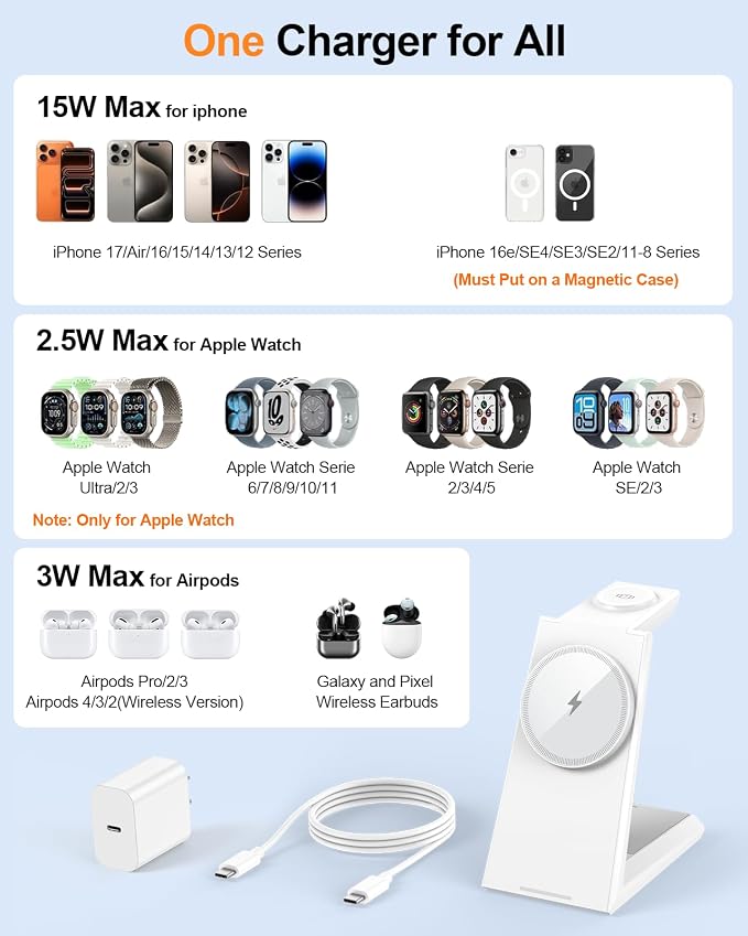 3 in 1 Magnetic Wireless Charging Station - 15W Fast Charging for iPhone 17/16/15/14/13/12, Compatible with MagSafe, for Apple Watch & AirPods, Auto-Dimming Light for Nightstand, Includes 30W Adapter