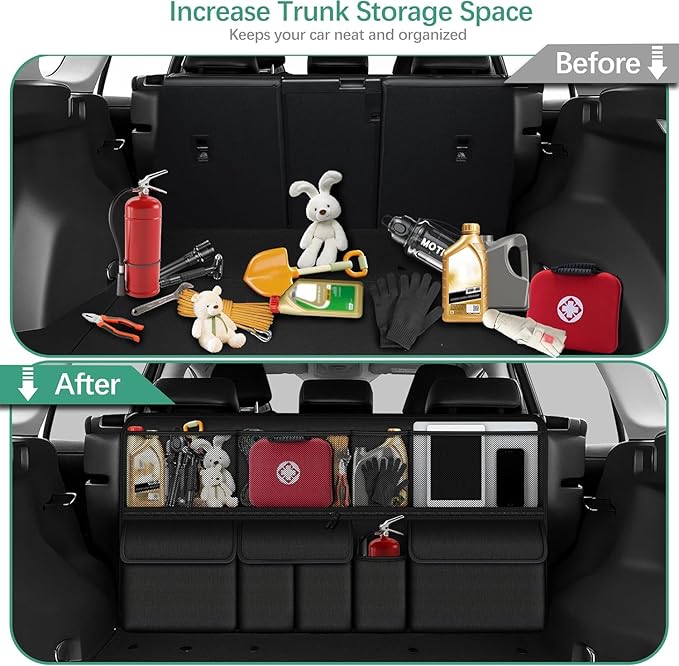 Hanging Car Trunk Organizer Fit For Rogue Foldable Large Capacity 41.3x20 inch Backseat Trunk Organizers Storage, Car Accessories Interior, with Multi Pockets Black