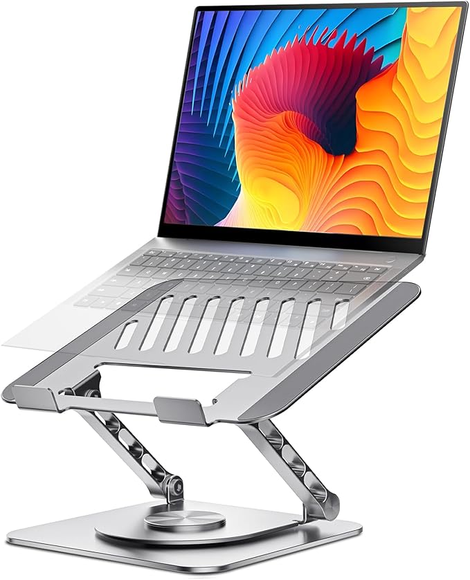 Adjustable Computer Stand with 360 Rotating Base, Ergonimic Foldable Laptop Riser for Desk Compatible with MacBook Pro/Air Notebook up to 16 Inches, Silver