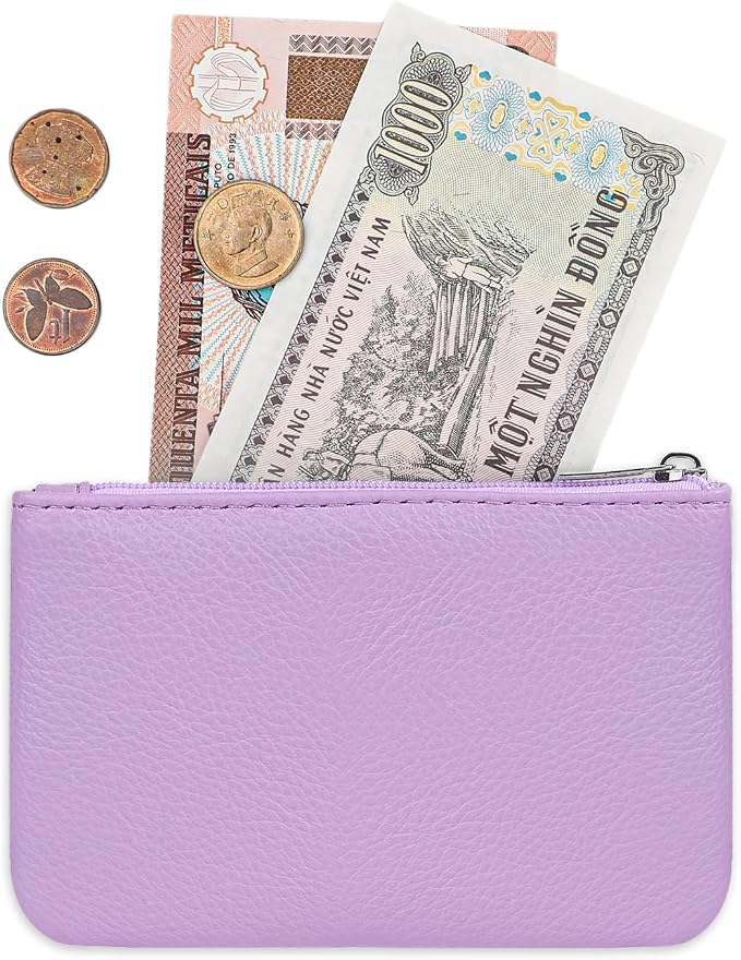 2 Pack Portable PU Leather Mini Coin Purse with Zipper for Women - Credit Card, Folded Bills, ID, Key, Headset, Lipstick (Pink&Purple)