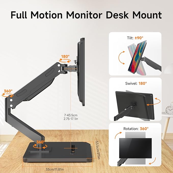 Pholiten Adjustable Monitor Arm with Gas Spring for 17-32 inch Screens,Pneumatic VESA Computer Mount with Base,Freestanding Full Motion Monitor Desk Stand Holds up to 22 lbs.