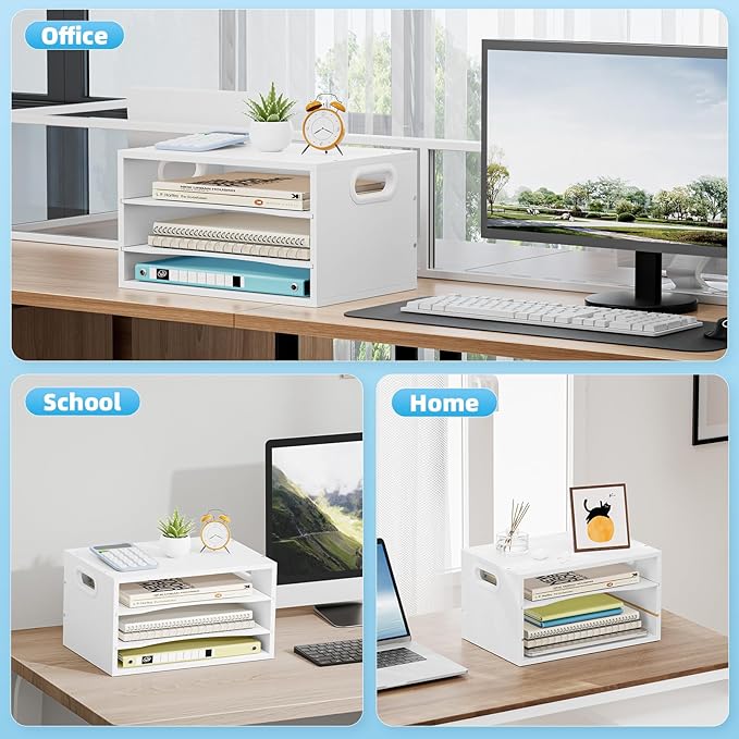 Marbrasse 3-Tier Wood Desk Organizer, Paper Letter Tray Organizer for Desk, Wooden Desktop File Organizer with Handle and Paper Sorter Mail Holder for Office School & Home Supplies Organization-White