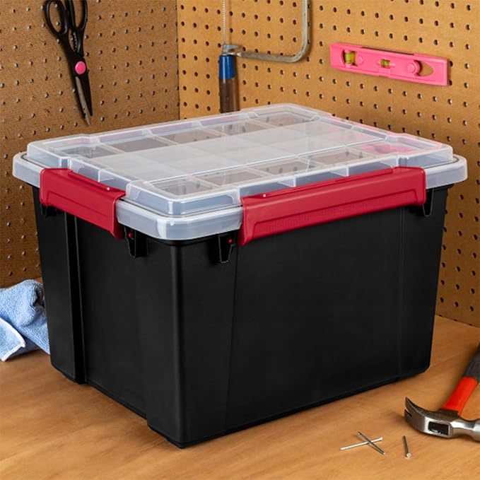 Sterilite 16 Pack Gasket Box, Stackable Plastic 8.5 Gallon Storage Container with Lids, Black - Waterproof and Dustproof Tote for Home Organization