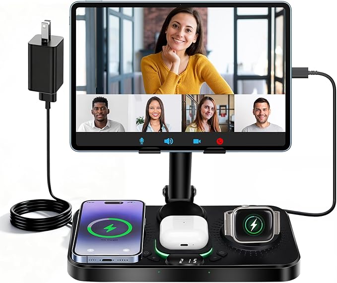 45W 6 in 1 Charging Station for Apple Multiple Devices, Wireless Charging Station with Clock & 7 RGB Light, Foldable Wired Chargers for Multiple Devices for iPhone 17/16/15, iPad, Apple Watch, AirPods