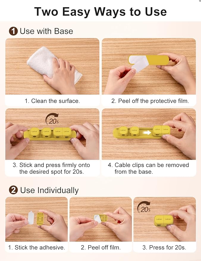 6 Pack Magnetic Cable Clips [1s Open/Lock], Laitver Cord Organizer Holder Strong Adhesive Desk Cable Management- Organize Charging Cords Neatly for Home, Office, Car,Desk, Nightstand-Yellow