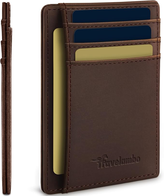 Travelambo 100% Genuine Leather Wallet for Men and Women, Slim Minimalist RFID Blocking Front Pocket Credit Card Holder with Gift Box