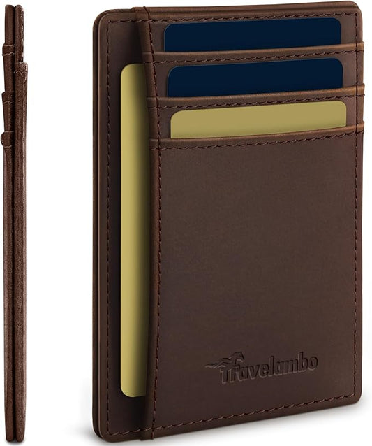 Travelambo 100% Genuine Leather Wallet for Men and Women, Slim Minimalist RFID Blocking Front Pocket Credit Card Holder with Gift Box