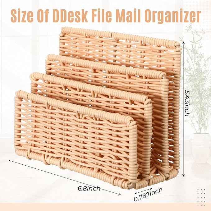 Small Rattan Mail Organizer for Desk Mail Holder Countertop with 3 Slot Rattan Letter Sorter File Holder Envelope Book Stand Farmhouse Office Desk Organizer and Storage Accessories