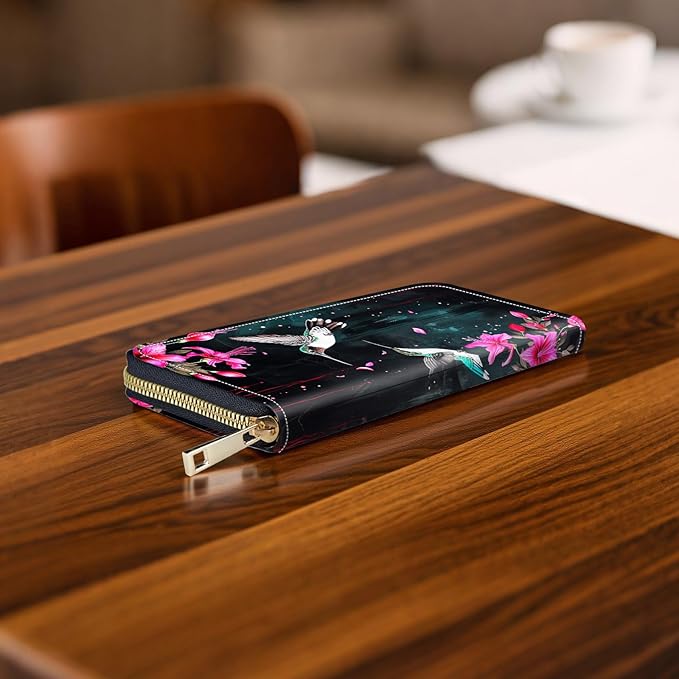 RFID-Blocking Zip Around Wallets for Women with Detachable Wrist Strap,Large Capacity Phone Holder with Card Organizer & Coin Pocket,Flower Hummingbird
