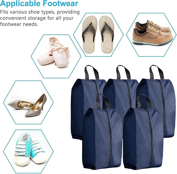 5Pcs Large Travel Shoe Bags Portable Travel Gifts Shoe Organizer with Zipper Closure, Waterproof Nylon Shoe Storage Organizer with Handle Travel Bags For Men and Women, Navy