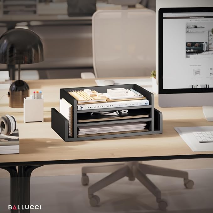 Ballucci 3-Tier Desk Organizer with 2 Side Mail Sorter Slots, Wood Letter Tray, Open Top Paper Organizer, Desktop File Organizer, Black