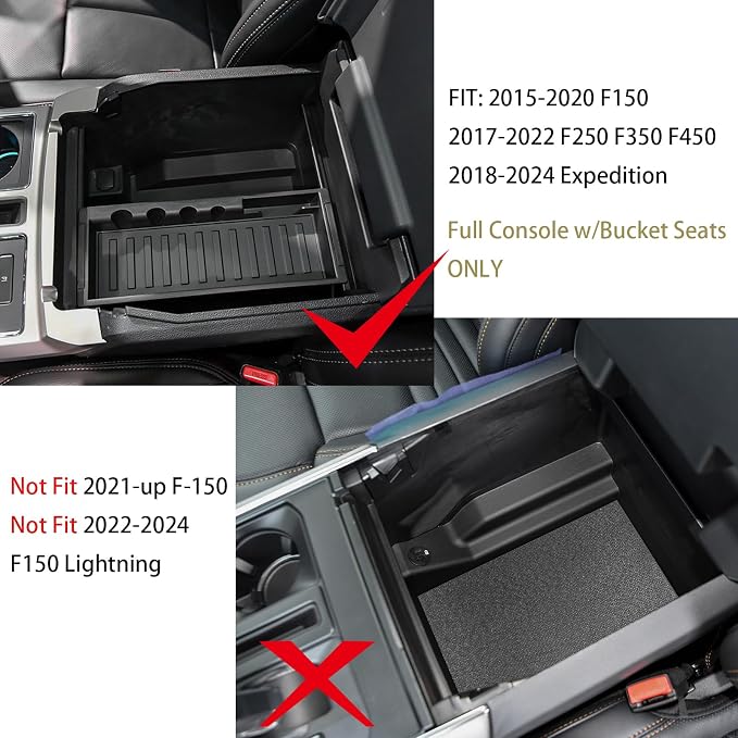 HGWEI Center Console Organizer Compatible with Ford F150 2015-2020, 2017-2022 F250 F350 F450, 2018-2024 Expedition Accessories, Insert Tray Armrest Storage Box, Full Console w/Bucket Seats ONLY, Black