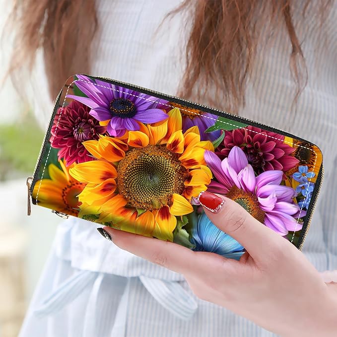 Women's Large Capacity Wallet PU Leather Zip Around Clutch Purse Multifunctional Wallet with Removable Wristlet Strap for Smart Phone/Coin/Card/Cash, Sunflowers