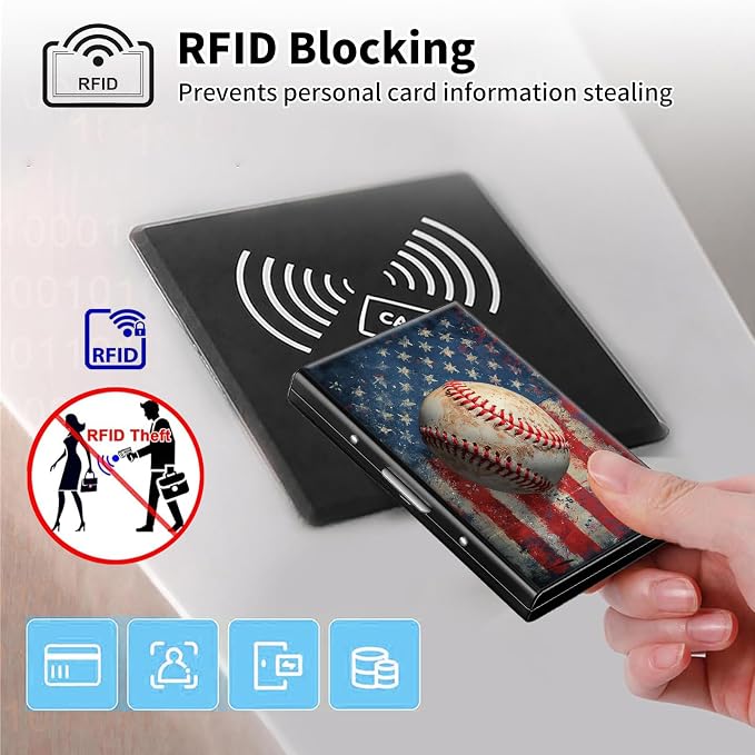 Metal Wallet,Credit Card Holder for Women Men,RFID Blocking Card Holder Mini Slim Aluminum Wallet ID Case Hard Case Business Card Holder Case,Vintage Baseball Flag