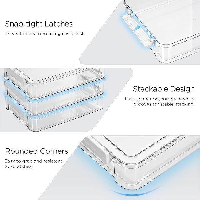 Citylife 4 PCS 6 Qt Plastic Storage Bins with Lids and Latches, Clear Stackable File Box for A4 Paper, Documents, Art Supplies, and Crafts