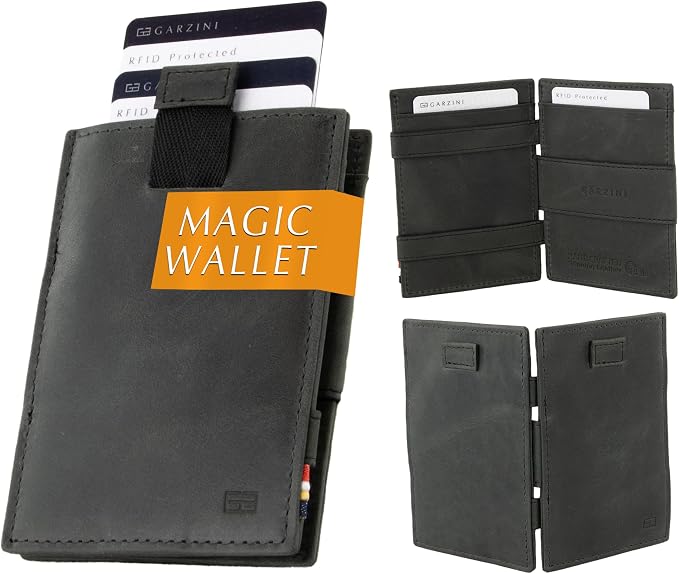 GARZINI Magic Wallet with Pull-Tab, Minimalist Wallet with RFID card holder, Leather Wallet for 12 cards, Brushed Black