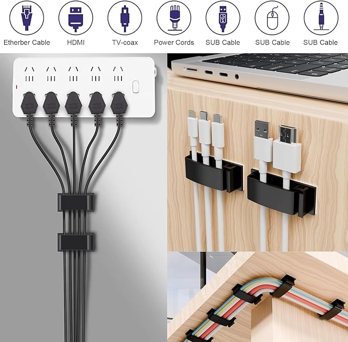 for Desk Under Table Wire Management Adhesive Cable Clips 49Pcs(Black).Used for Computer pc,tv,ethernet Wires Cable Management on Large Cable Hooks Organizer Clips (Black, Large：29PCS)
