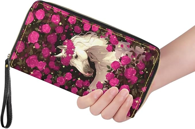 Bulopur Horse Rose Womens Wristlet Wallet Credit Card Holder Purse Credit Card Holder PU Leather Handbag Clutch Purse Customized Gifts for Women Girls Mom Ladies
