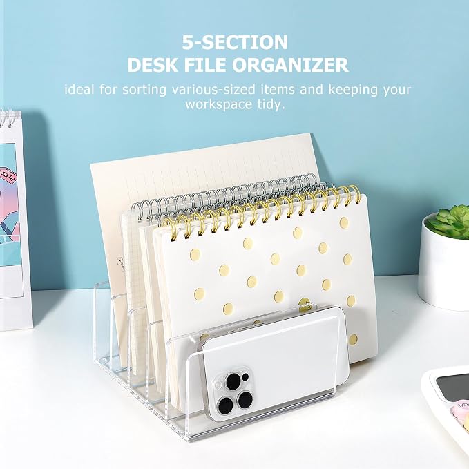 Acrylic File Organizer for Desk, 5 Sections Mail Sorter Organizer Holder, Acrylic Desk Organizer for Document, Letter, Notebook