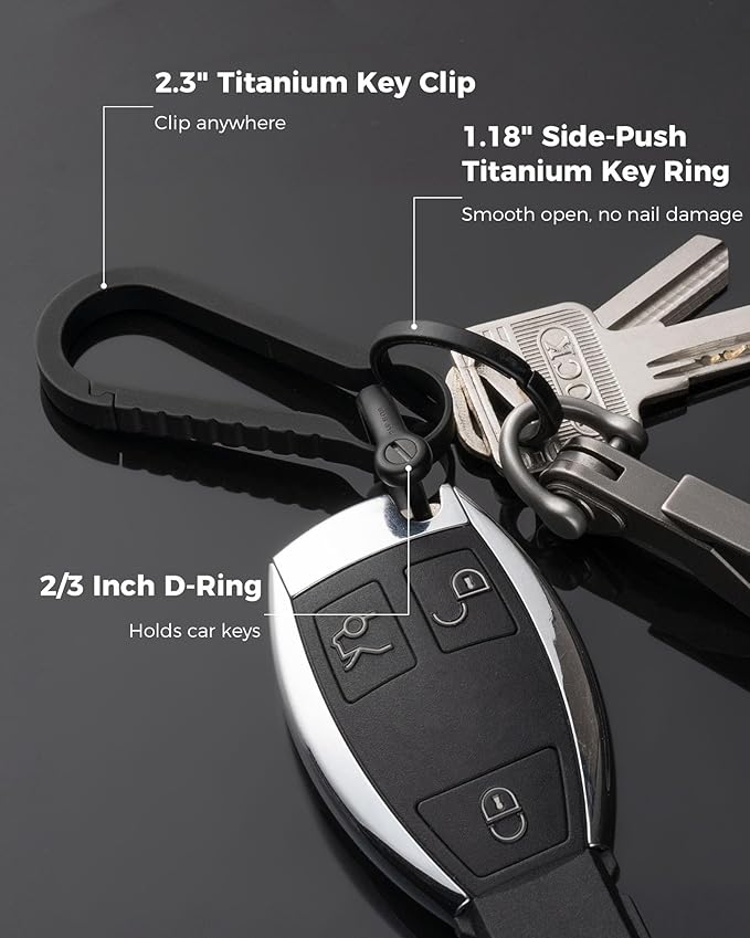 FEGVE Titanium Key Chain Clip with Side-Pushing Key Ring & 2/3inch D Ring for Car Fob Keys