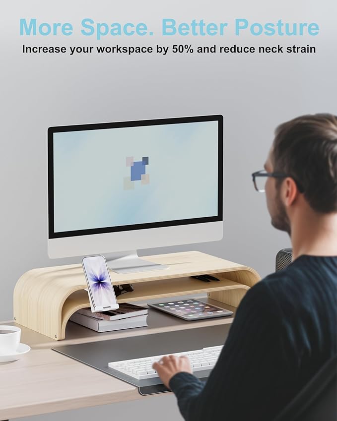 Bent Wood Monitor Stand Riser, Solid Wood Dual Monitor Riser with Storage, 2-Tier Natural Wood Desk Shelf Organizer for Computer, Laptop & Printer, No Assembly, Max Load 110lbs