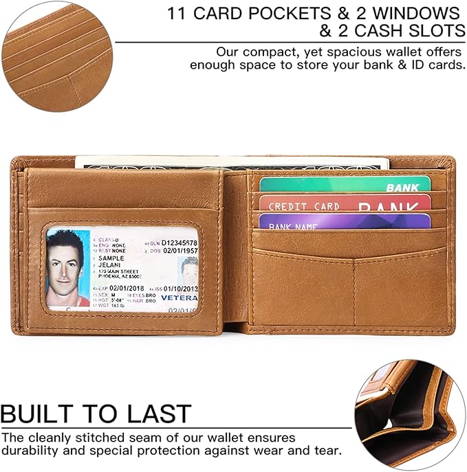 FALAN MULE Wallet for Men Genuine Leather RFID Blocking Bifold Wallet With 2 ID Windows (Khaki)