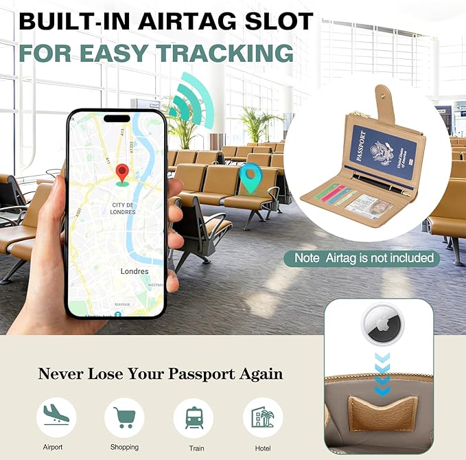 Passport Holder for Travel, Leather Passport Wallet with Airtag Slot, RFID Blocking Travel Wallet for Women Men, Passport Cover with Air Ticket Card Cash Coin Pocket, Travel Essentials Gift