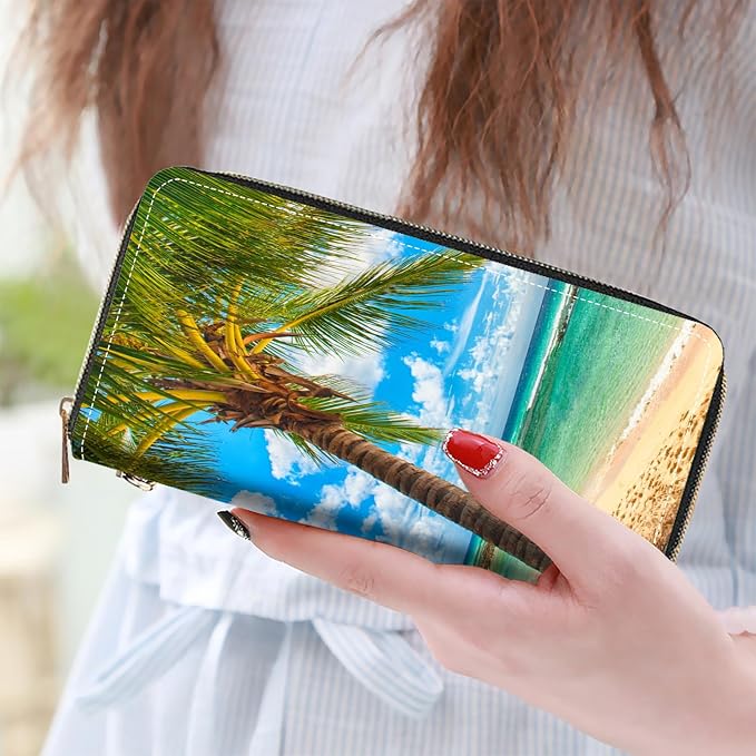 Women's Large Capacity Wallet PU Leather Zip Around Clutch Purse Multifunctional Wallet with Removable Wristlet Strap for Smart Phone/Coin/Card/Cash, Tropical Paradise Beach Palm Trees