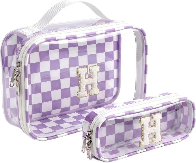 Initial Makeup Bags for Women, Personalized Portable Cosmetic Bag with Zipper,Sunscreen Makeup Pouch for Beach Essentials,Bridesmaid Gifts for Wedding Day,Girl Preppy Trendy Stuff (H,Purple&Beige)