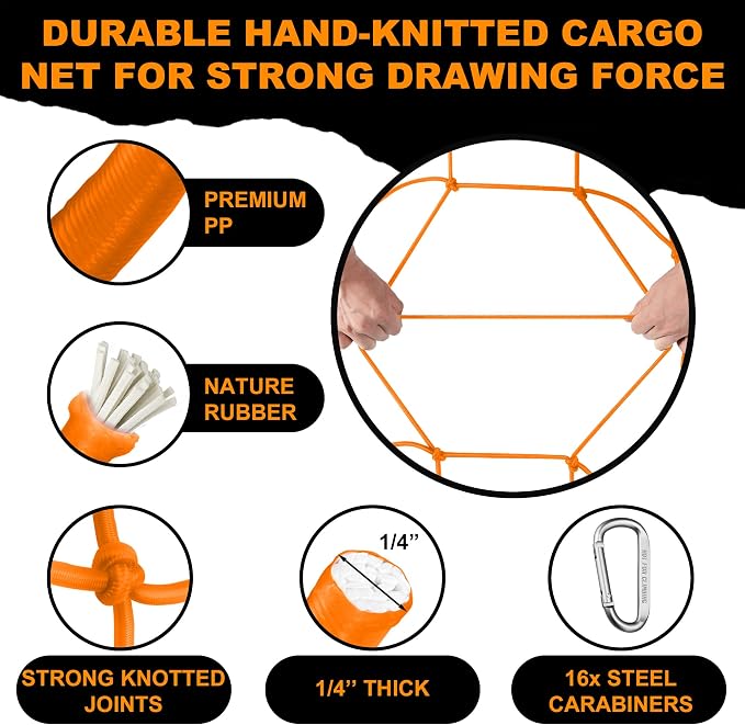 Seven Sparta 5’ x 7’ Bungee Cargo Net Stretches to 10' x 14' for Truck Bed, Pickup Bed, Trailer, Trunk, SUV with 16 Bonus D Clip Carabiners Car Organizer Net for Large Loads (Orange, 5'x7')