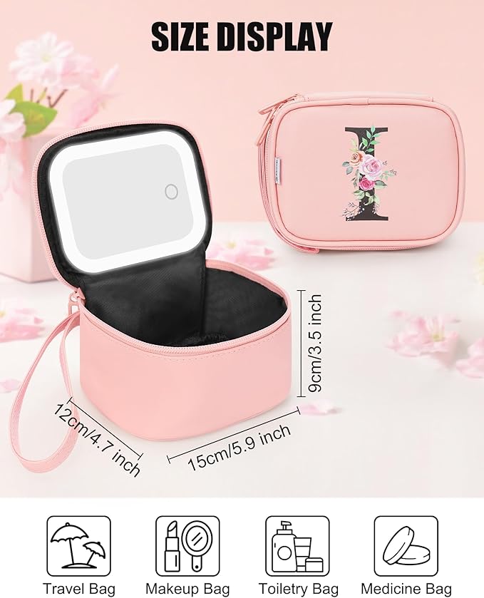 Relavel Mini Makeup Bag with Led Mirror for Women, Small Initial Cosmetic Travel Bags, Personalized Makeup Pouch with 3 Light Modes, Preppy Gifts for Friends Teen Girls - Pink I