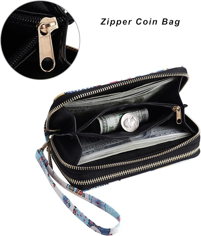 Cellphone Wallet for Women Dual Zipper Long Purse with Removable Wristlet