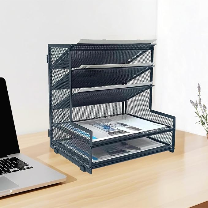 SETTFRFE Metal Desktop File Holder Organizer with 5 Tier Paper Tray, Office Supplies Desk Organizer, Black