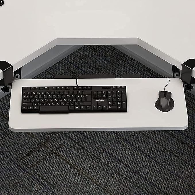 QQXX Swivel Keyboard Tray Under Desk with C Clamp,Adjustable Slide Out Computer Keyboard Stand, Ergonomic Keyboard Shelf for Home or Office, No Screw into Desk(65x25cm(25.6x9.8), White)