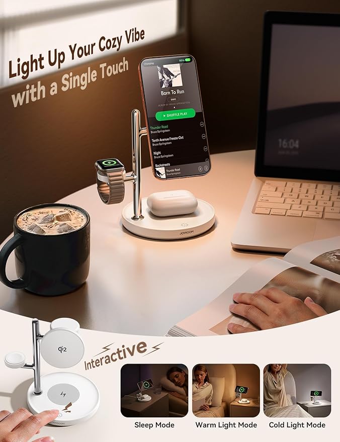 15W MagSafe for JOYROOM, Fast Qi2 Certified 4-in-1 MagSafe Charging Station for Apple, Wireless Charger for iPhone 17/16/15 Pro Max, Pixel 10/9, iWatch, AirPods 4/3/2/Pro(Cable& 30W Adapter Included)