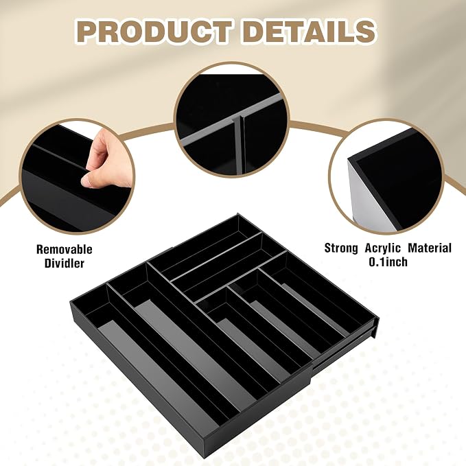 Briwooody 1 Pcs Acrylic Desk Drawer Organizer 9'' up to 18'' x 15'' x 2.1'' Expandable Drawer Organizer Trays with 7 Adjustable Compartments Black Desk Accessories for Makeup Office Bathroom