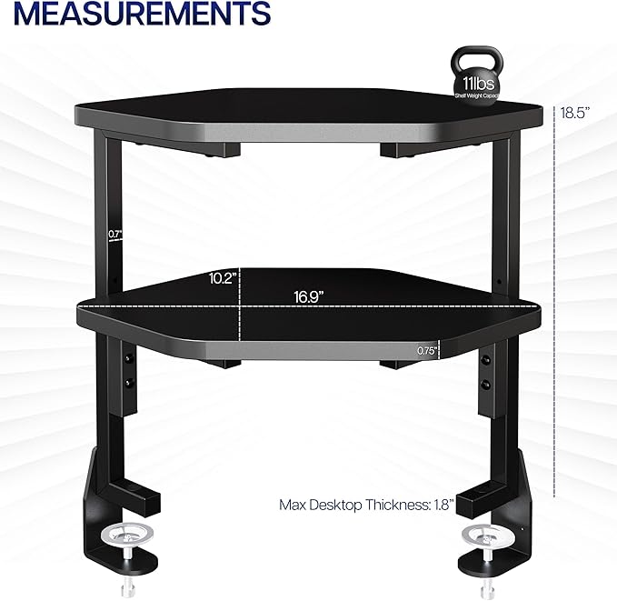 VIVO Corner Clamp-on 17 inch Above or Below Desk 2-Tier Shelving Unit for Table Accessories, Gaming Devices, and More, Storage Desk Attachment Organizer, Black, STAND-SHELF2CR