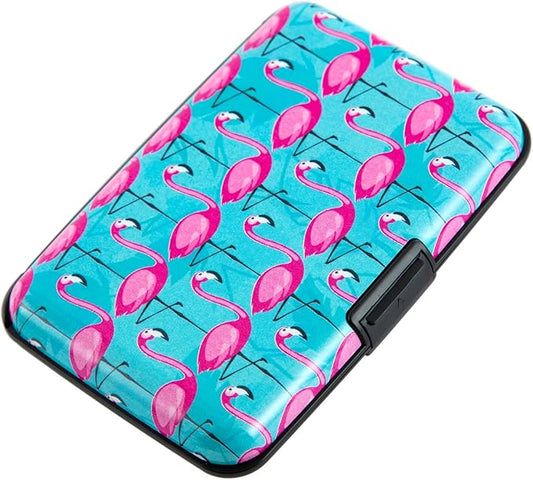 RFID Blocking Small Metal Credit Card Holder Wallet for Women Men Business Aluminum Protector Sleeves Slim Mini Cards Case (Pink Flamingos)