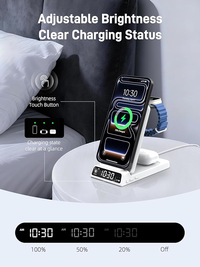 3 in 1 Charging Station for Apple, Magnetic Charger for iPhone, Foldable Wireless Charger with Clock, Travel Watch Charger Stand for iPhone 17/Air/16/15 Series, iWatch 10/AirPods 4 (White)