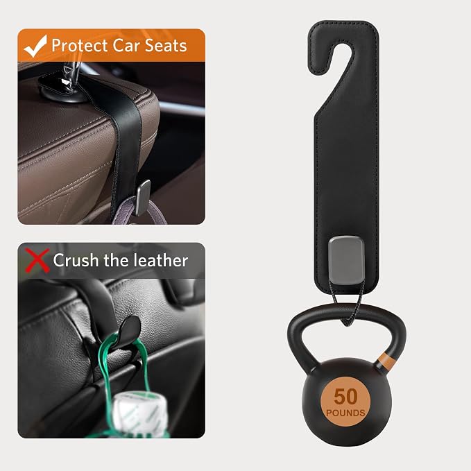 CoBak Headrest Hooks for Car - Universal Premium Stitched Leather and Aluminum-Magnesium Alloy Single Car Seat Back Storage Hook for Purses, Handbags, Bags (2 Pack),Black