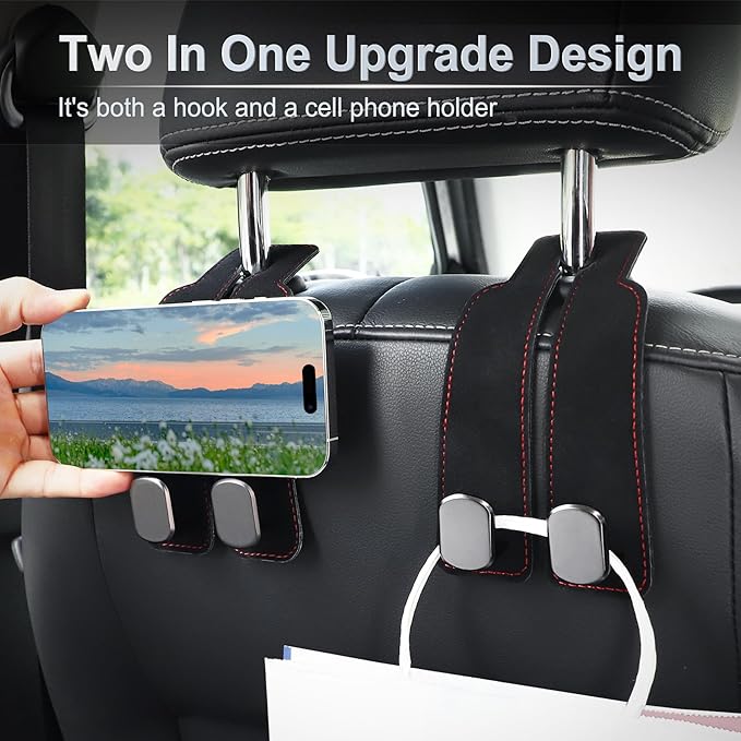 LivTee Headrest Purse Hook for Car, Seat Hook Hangers Storage Organizer for Bags and Coats Holder, Upgrade Leather Double Hook and Mobile Phone Holder for Universal Vehicle Car Accessories(Black-2PCS)