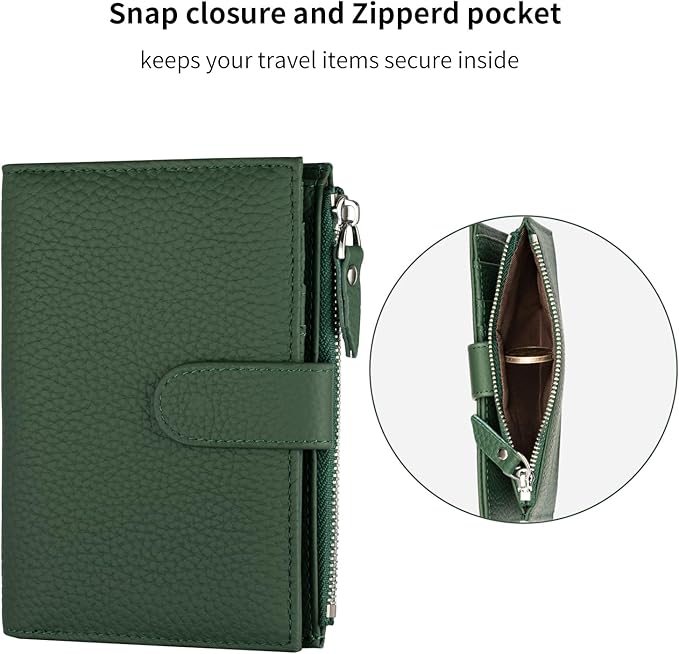 Passport wallet and Card Slot Combo RFID Blocking Slim Leather Travel Passport Wallet for Men and Women with Zippered Coins Pocket Passport holder, Green