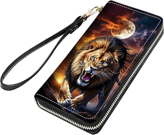 Lion Under The Moon Print Women Large Capacity PU Leather Zip Around Wallet, Multifunctional Clutch Purse for Cash/Card/Coin/Smart Phone