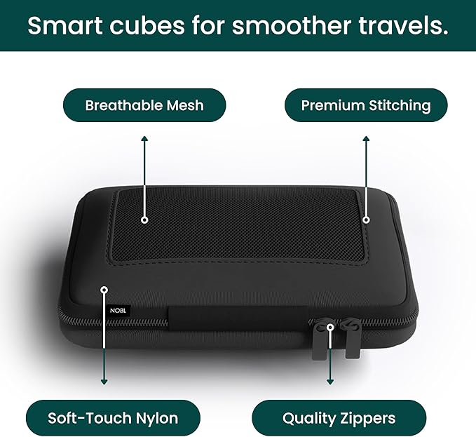 NOBL Travel Compressible Packing Cubes Set, 6 Pieces Travel Packing Organizers, Compression Luggage Cubes for Suitcases & Carry On, Space Saving (XXS, XS, S, M, L, XL) - Jet Black